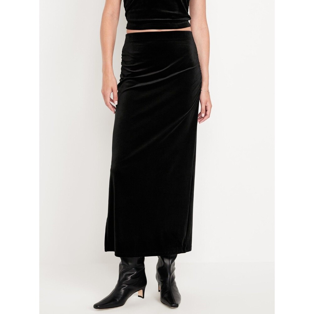 Old Navy Velvet Maxi Skirt Womens L Black Side Slit Ruching Pull On NEW